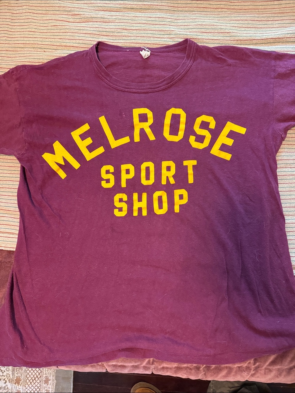 VINTAGE Melrose Sport Shop Maroon Graphic Tee with Yellow Lettering